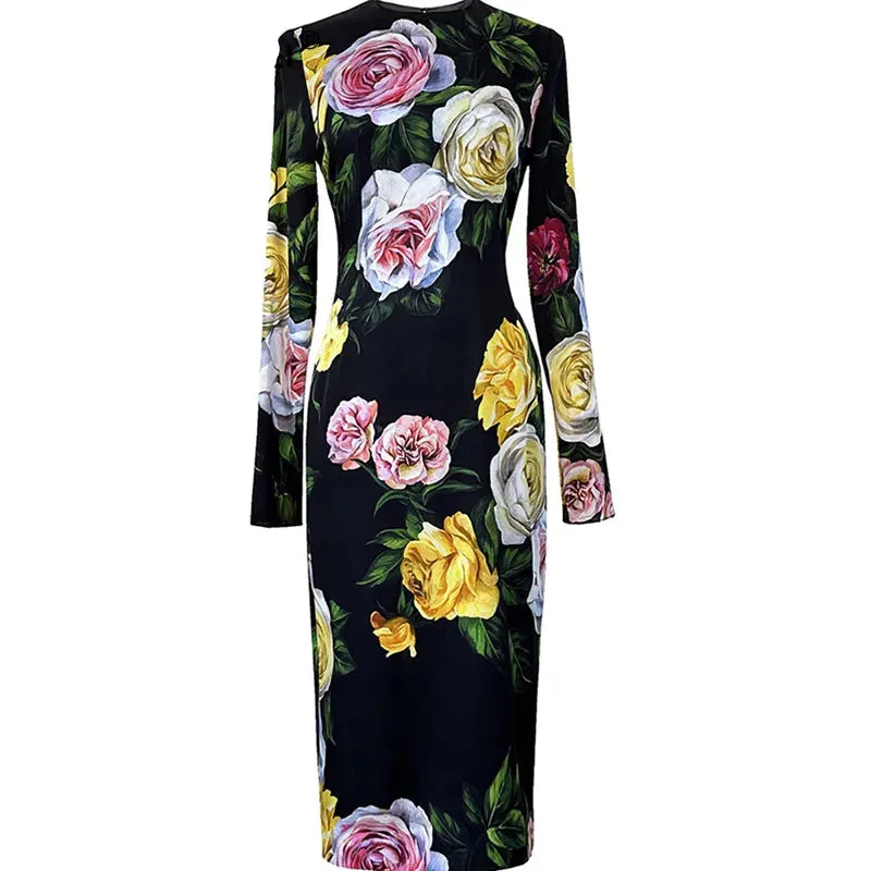 Wrap Rose Print Straight Silk Dresses