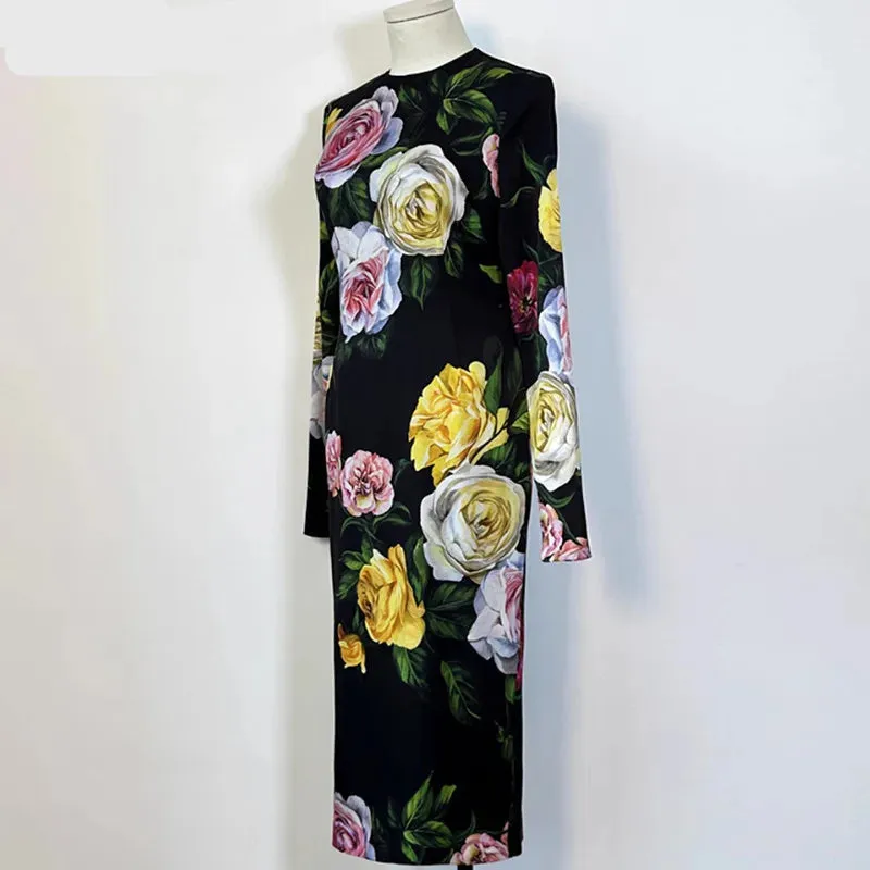 Wrap Rose Print Straight Silk Dresses