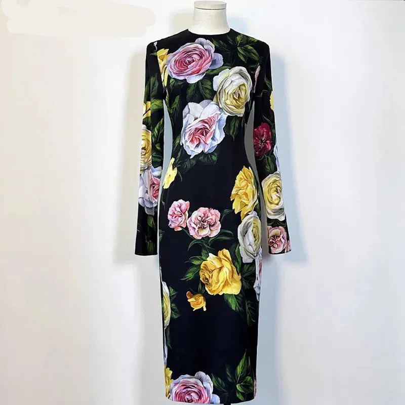 Wrap Rose Print Straight Silk Dresses
