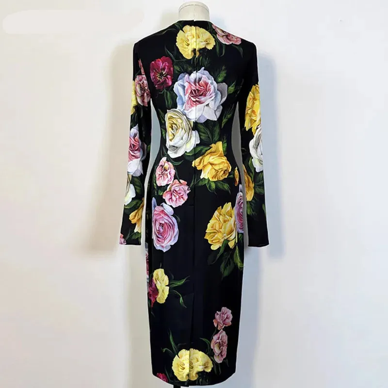 Wrap Rose Print Straight Silk Dresses