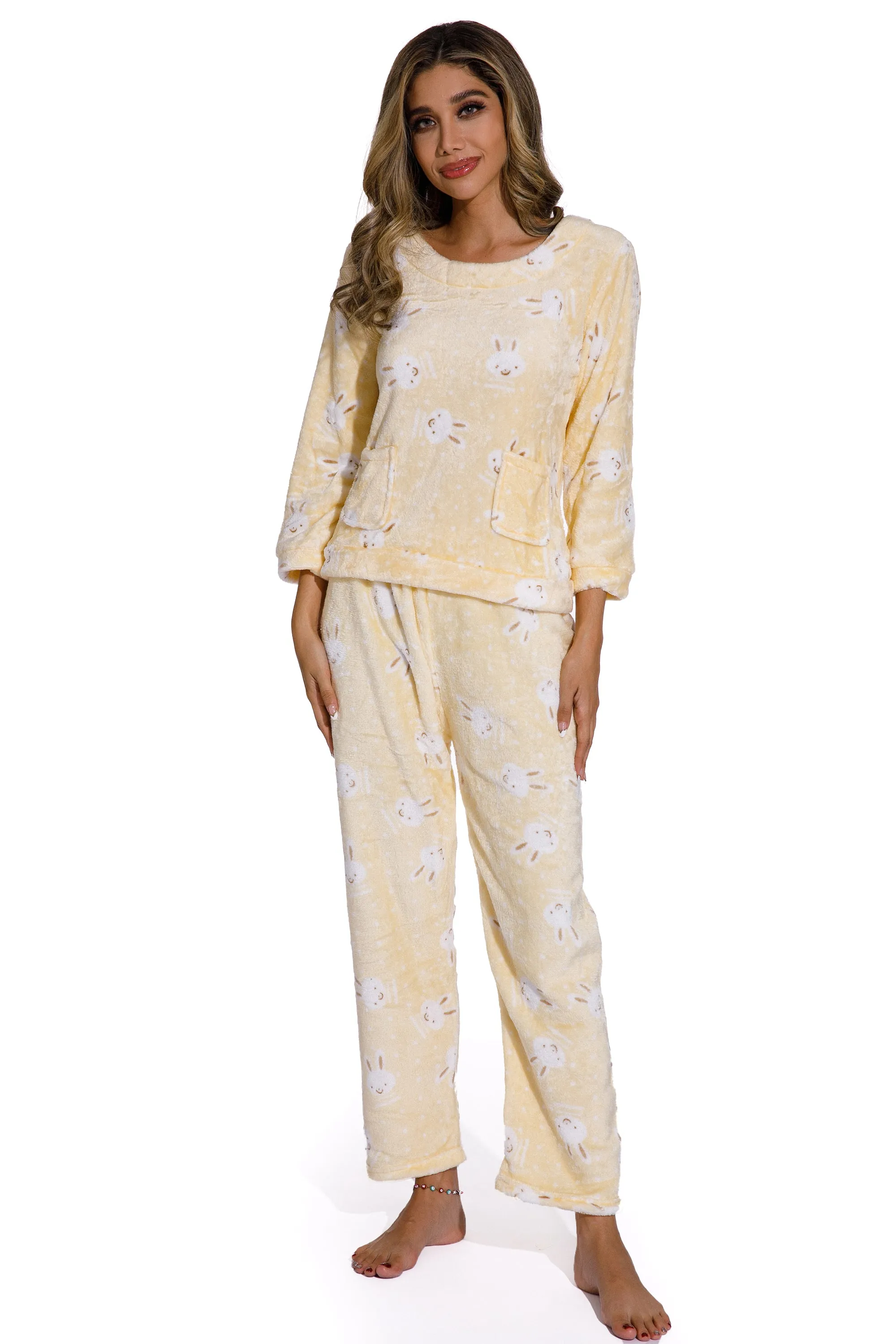 Yellow-Cute Rabbit print Sleepsuit