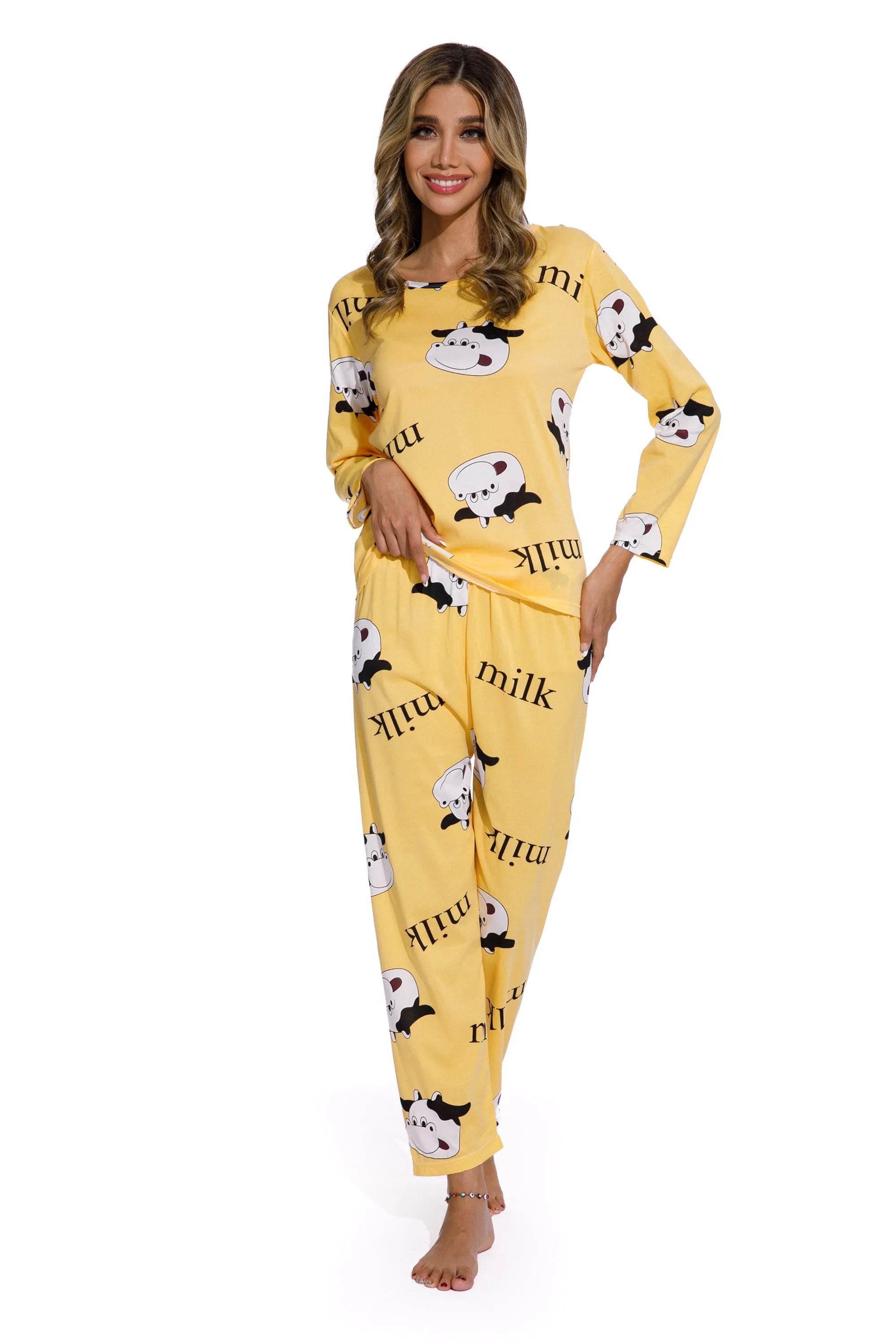 Yellow -Long Sleeve  women Cartoon Sleepwear Set