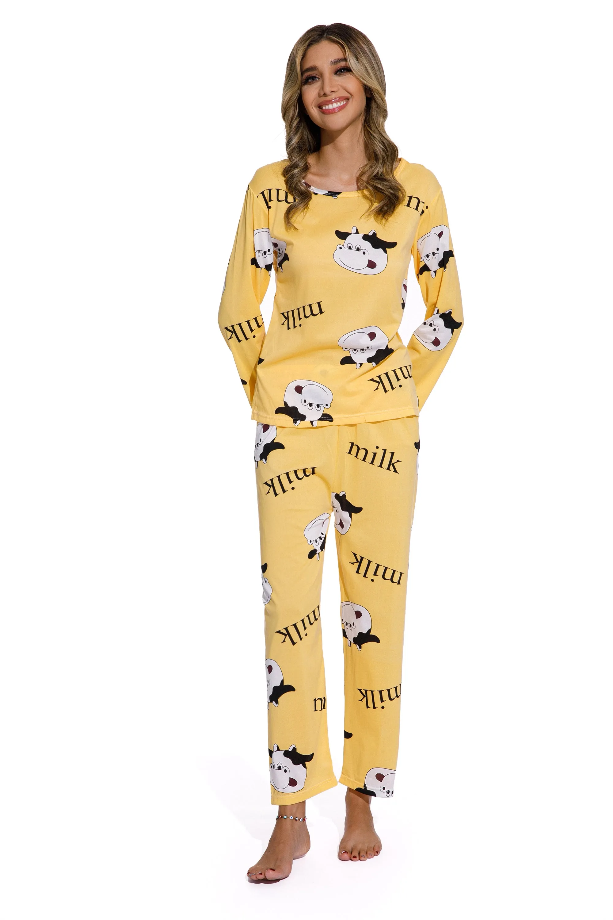 Yellow -Long Sleeve  women Cartoon Sleepwear Set