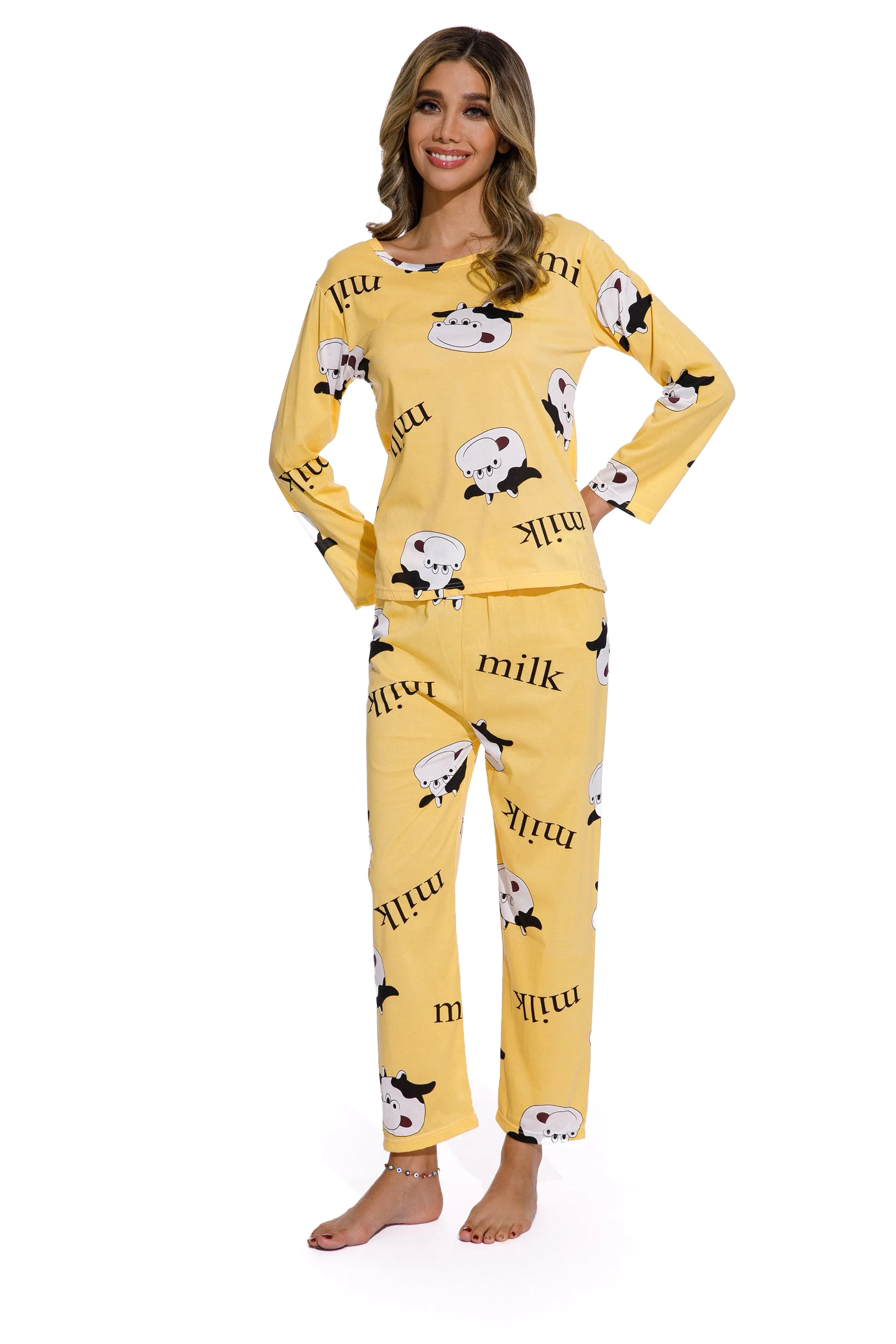 Yellow -Long Sleeve  women Cartoon Sleepwear Set