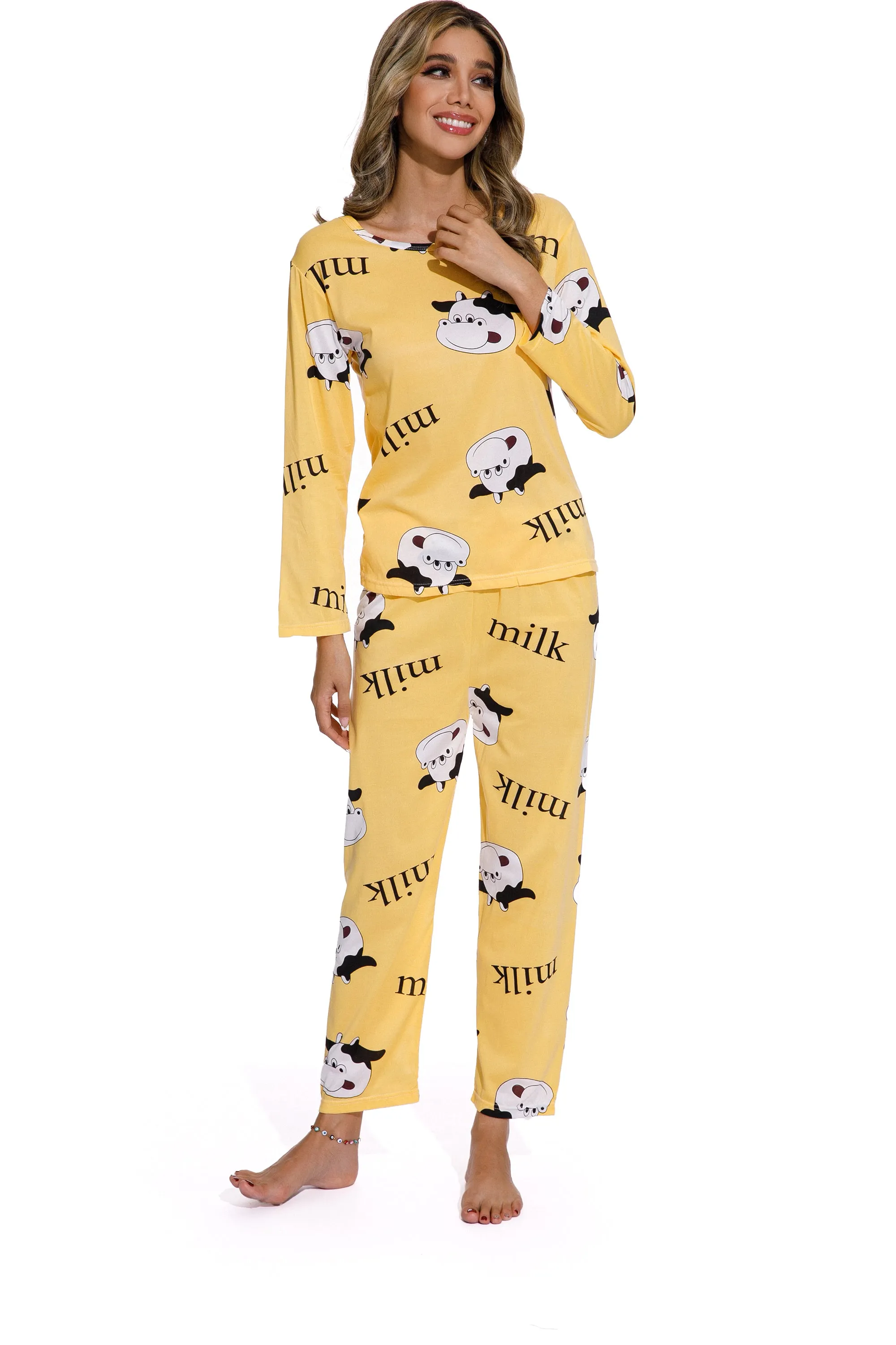 Yellow -Long Sleeve  women Cartoon Sleepwear Set