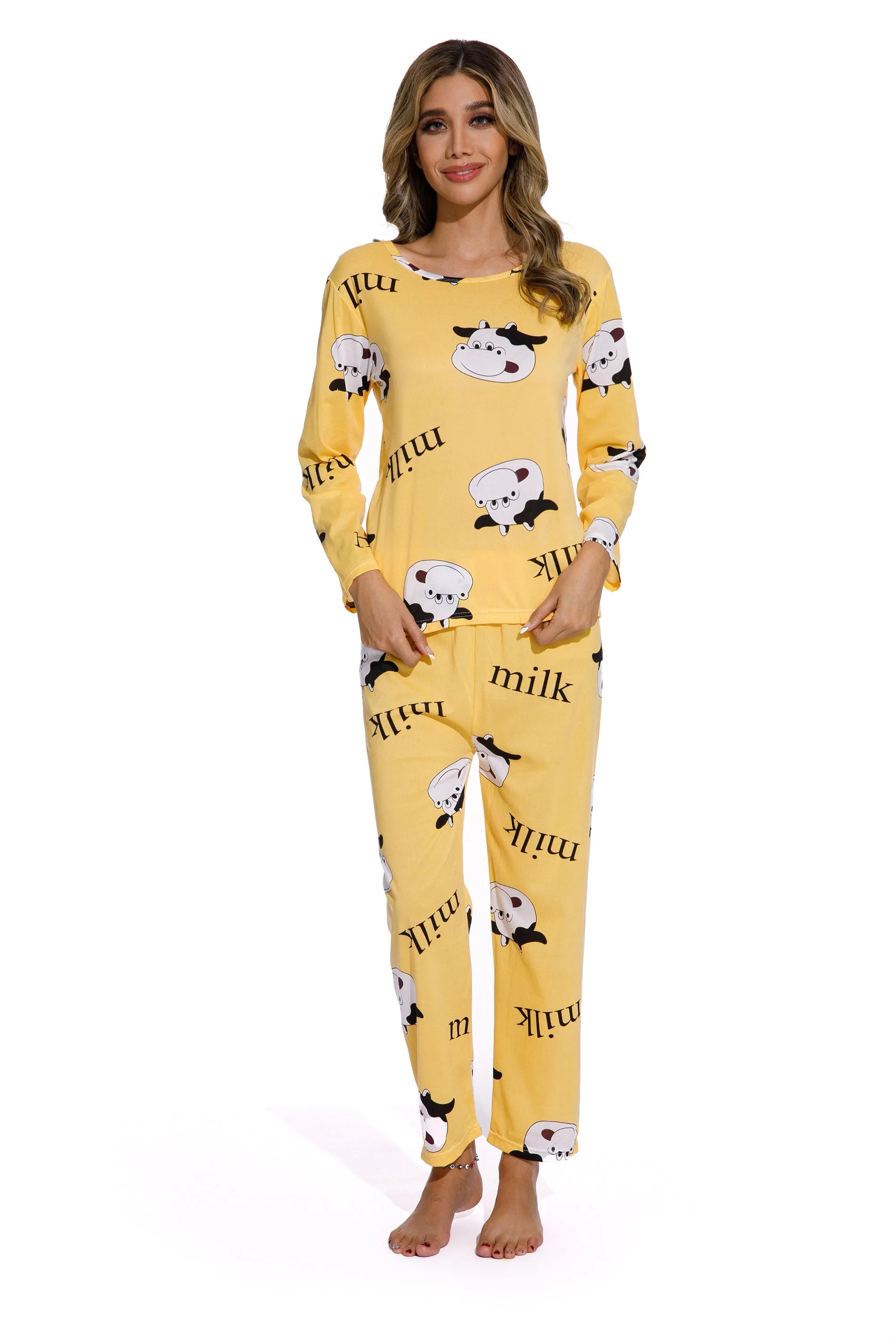 Yellow -Long Sleeve  women Cartoon Sleepwear Set